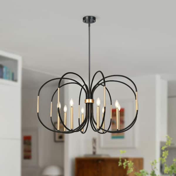 Traditional 37.8 in. W 8-Light Black Drum Chandelier, Minimalistic Dark Gold Circle Hanging Pendant Light Living Room