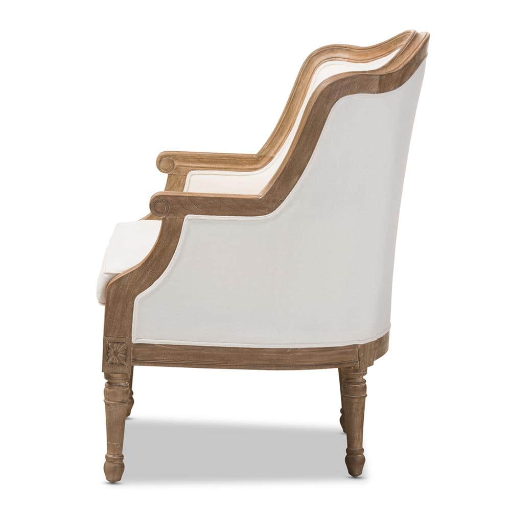Charlemagne Distressed Brown Oak Wood French Accent Chair with Beige Cotton