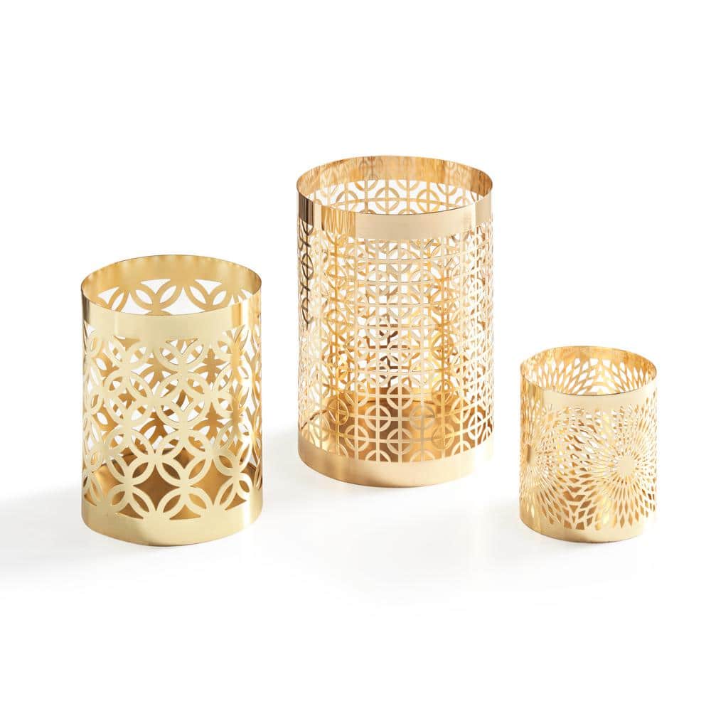 Set of 3 Gold Filigree Metal Hurricane Candle Holders