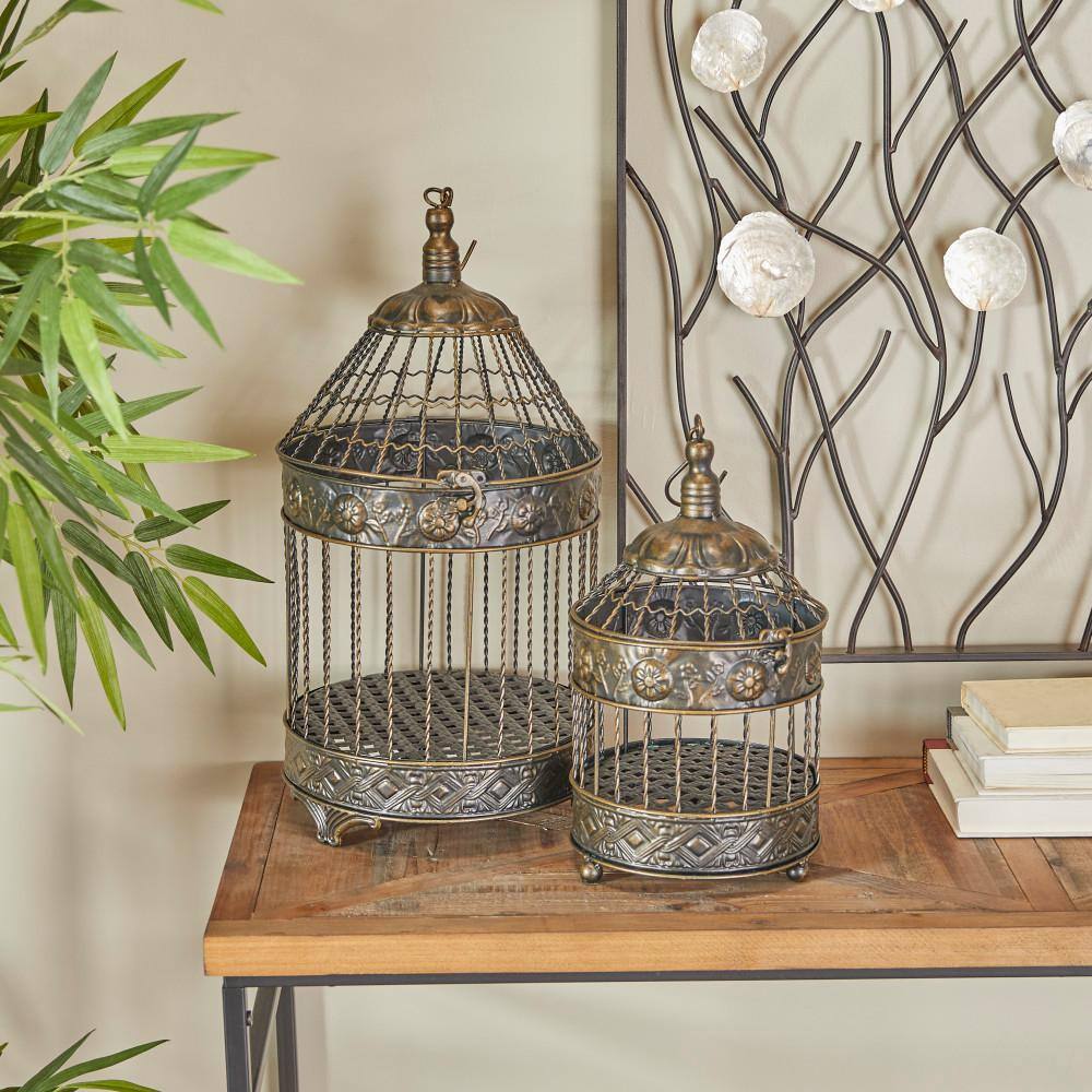 Bronze Antique Carved Metal Birdcage Set, 2 Pieces
