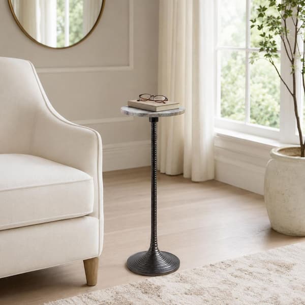 26 in. Gray Round Marble Top Antique Drink Table with Pedestal Metal Base