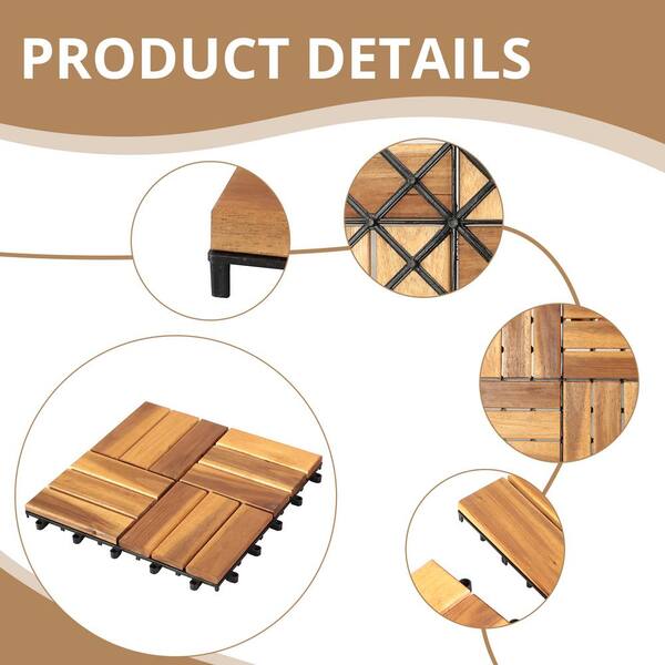 Yangming 12 in. W x 12 in. L Square Patio Natural Color Wood Interlocking Flooring Deck Tiles Mosaic Pattern (10-Pack)