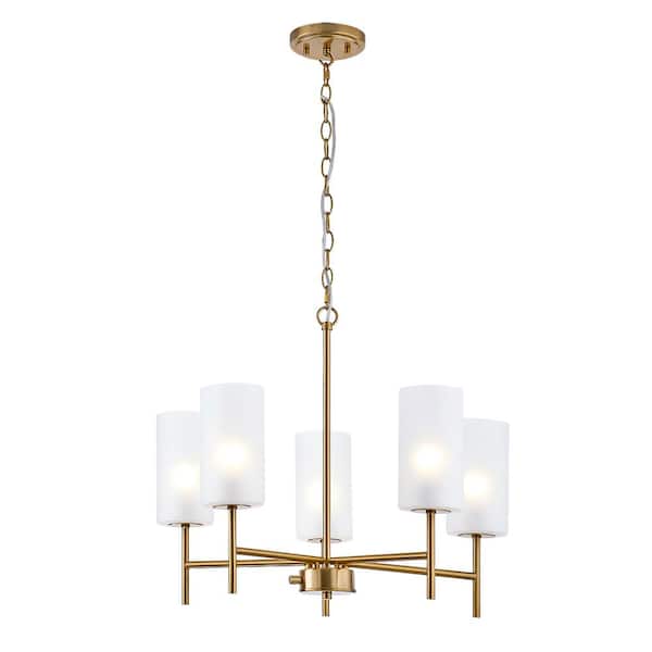 5 Light Modern Aged Brass Finish Chandelier With Glass Shades
