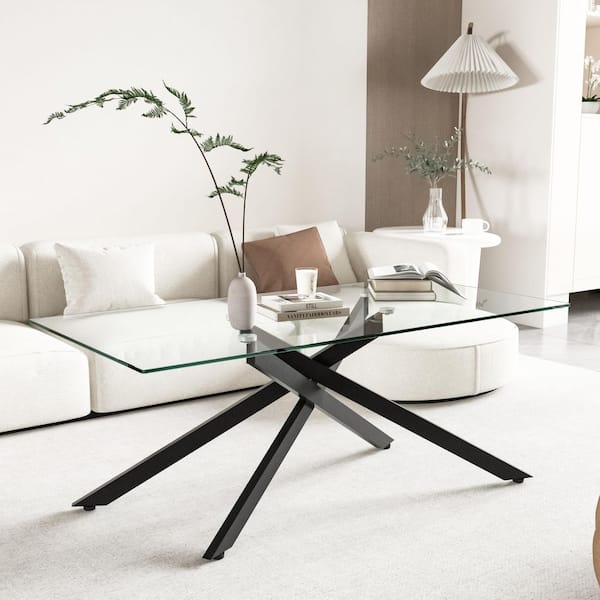 47.2 in. Rectangle Clear Tempered Glass Coffee Table with Black Metal Legs, Modern Living Room Accent Furniture