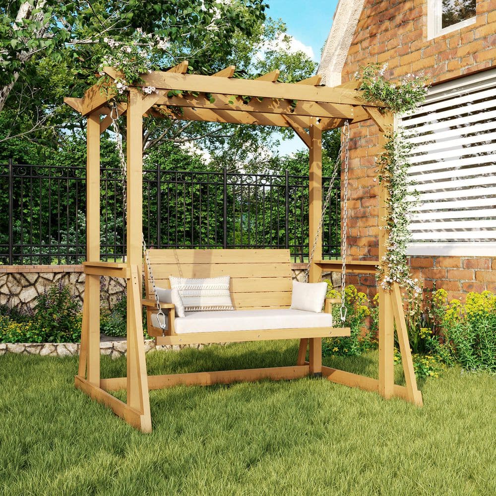 FUFU&GAGA Cedar Wood 53 in. 2-Person Patio Swing with Pergola