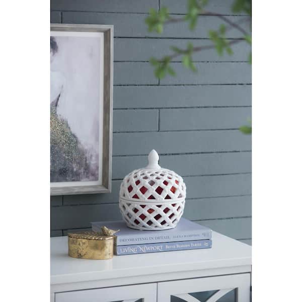White Ceramic DecorativeLidded Jar with Lattice Design (Set of 1
