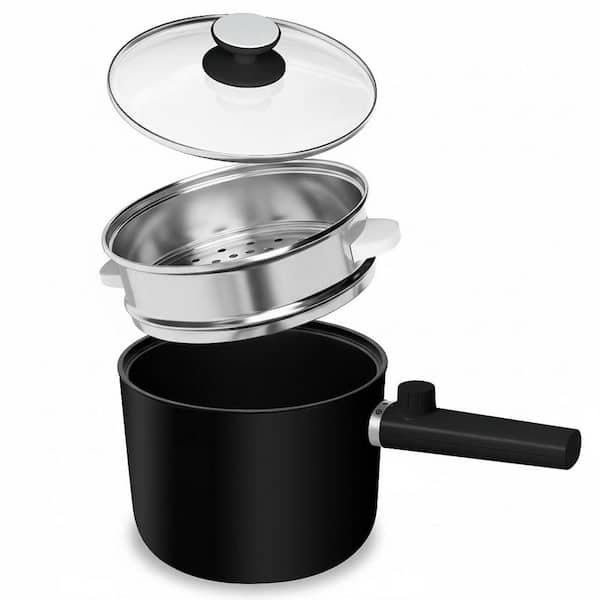 1.5 L Electric Stock Pot Black Non-Stick with Stainless Steel Steamer Dual Power Overheat Protection Cooker