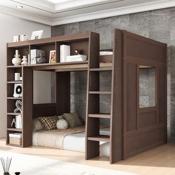 Brown Queen Wood Loft Bed with Storage Cabinets and Shelves