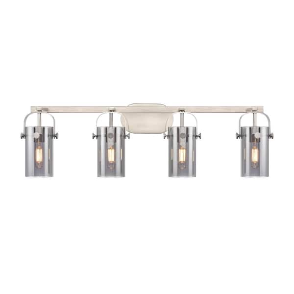 Innovations Pilaster II Cylinder 34.88 in. 4-Light Satin Nickel Vanity Light with Glass Shade