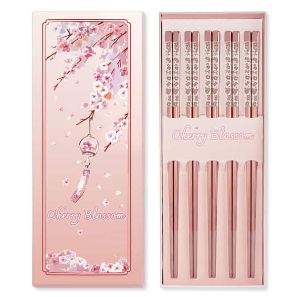 Pink Sakura Laser Engraved Metal Chopsticks, 5 Pairs Premium Gift Set, Reusable 18/8 Stainless Steel Chopsticks