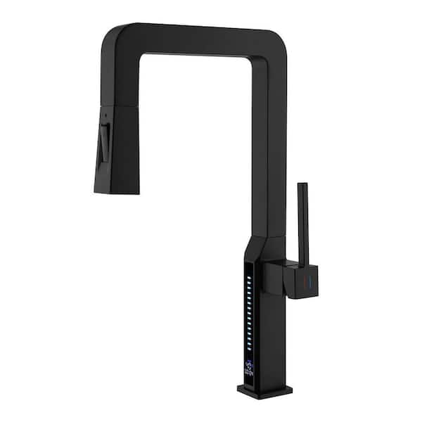 Single Handle 17.24 in. Pull Down Sprayer Kitchen Faucet with 180° Spout Swivel Temperature Display in Matte Black