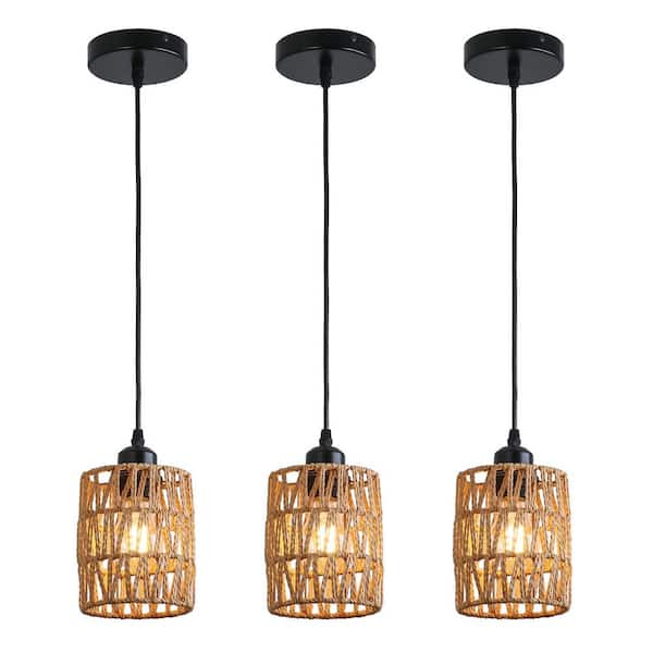 OUKANING 60-Watt 1-Light Black Rural Style Pendant Light with Brown Woven Paper Rope Shade, No Bulbs Included (3-Piece)