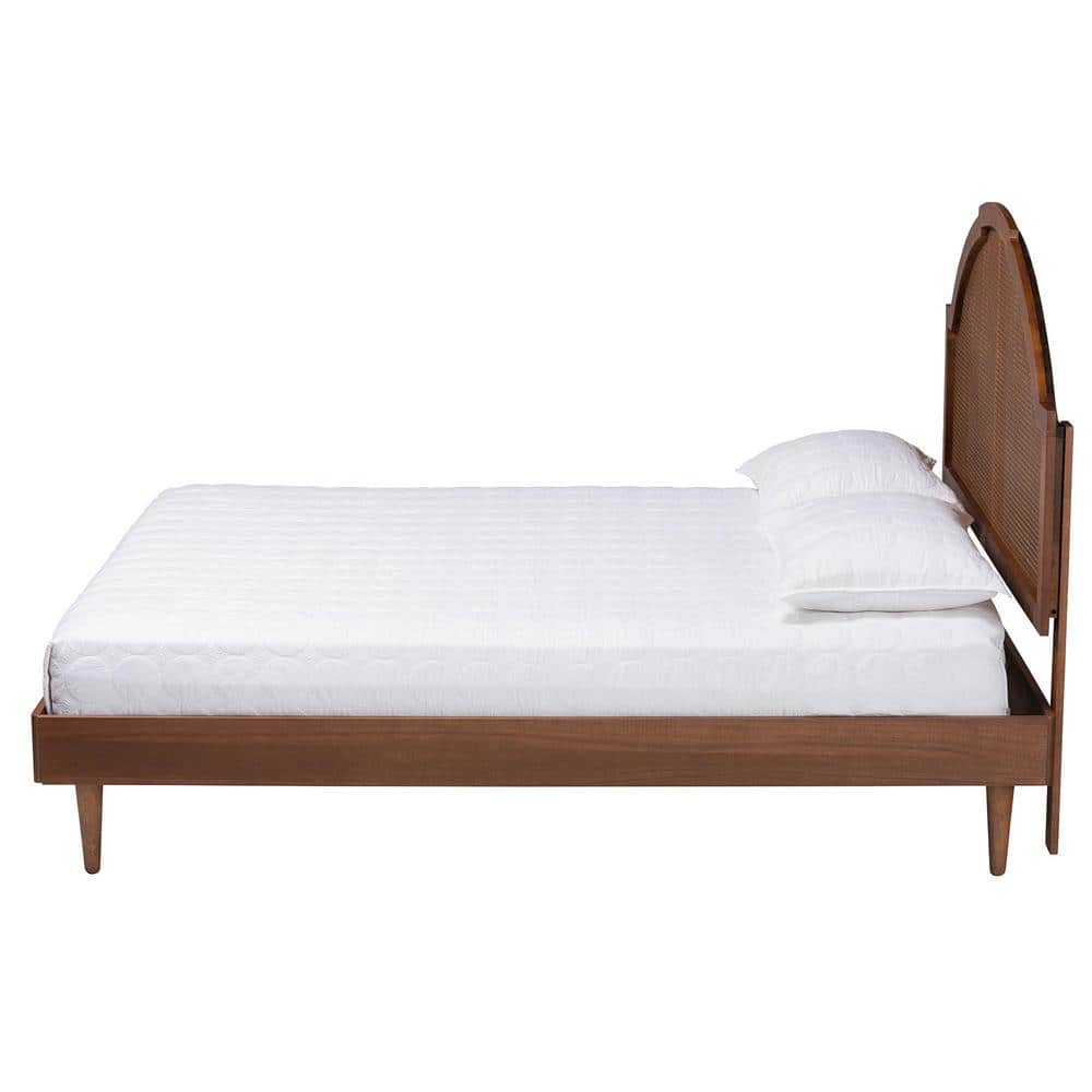 Walnut Brown Queen Wood Frame Platform Bed with Rattan Headboard