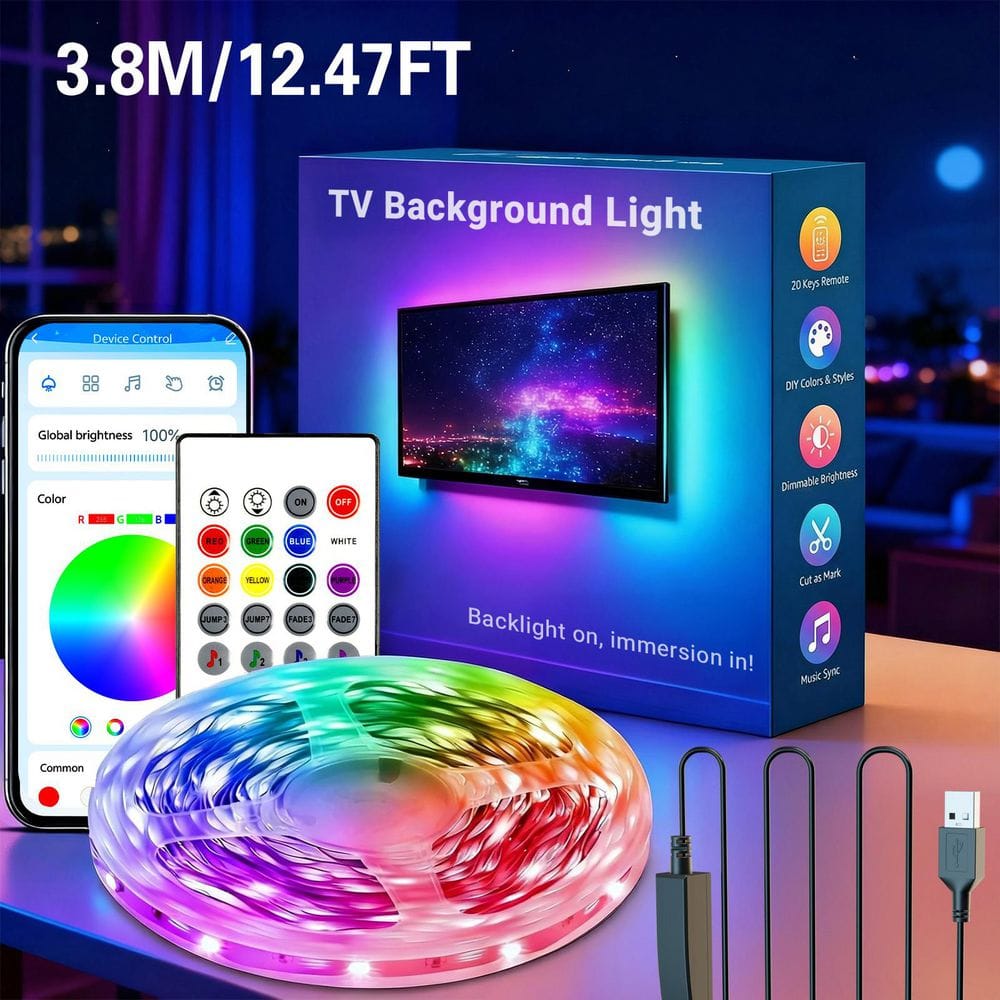 5V Smart 12.47 ft. USB Powered RGB LED Strip Light, TV Backlight, Color Changing, 20 Keys Remote & APP Control, 1-Pack price history on PriceWatchPro