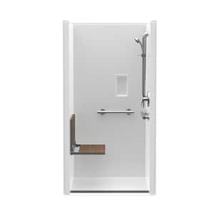 Trench Drain 36 in. x 36 in. x 76-3/4 in. Shower Stall Left Teak Seat with Grab Bars and Shower Valve in White