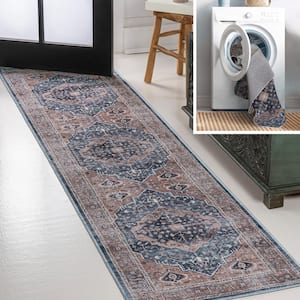 Alacati Ogee Medallion Machine-Washable Navy/Brown 2 ft. x 8 ft. Runner Rug