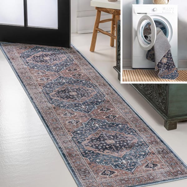 JONATHAN Y Alacati Ogee Medallion Machine-Washable Navy/Brown 2 ft. x 8 ft. Runner Rug
