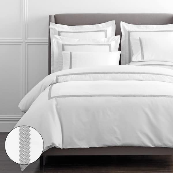 The Company Store Legends Hewett Gray Embroidered 600-Thread Count Egyptian Cotton Sateen Oversized King Duvet Cover