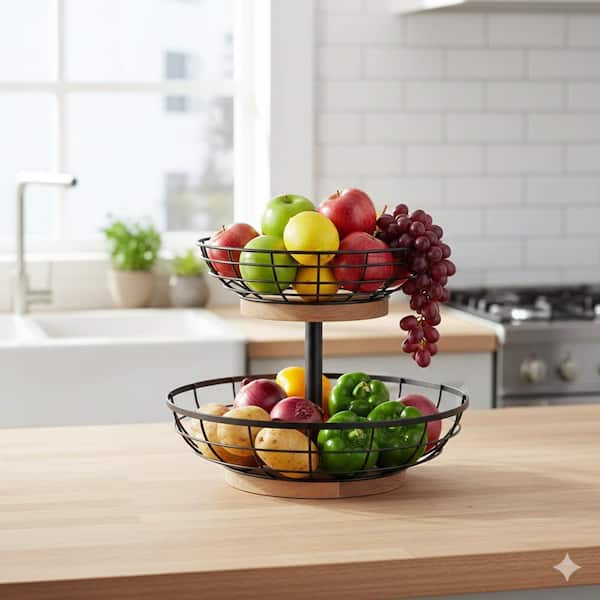 2 Piece Metal Fruit Bowls Basket with Wooden Base 2 Tier Banana Hanger Fine Mesh Storage Kitchen Counter Organizer Set