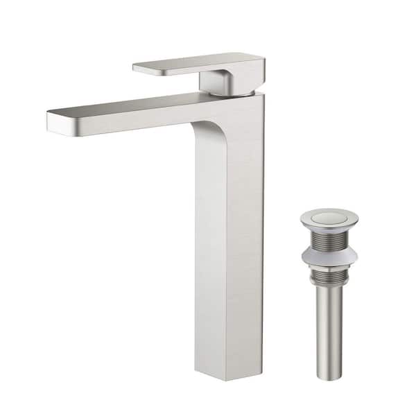 KIBI Single Hole Blaze Single Handle Bathroom Vanity Sink Faucet with Pop Up Drain in Brushed Nickel