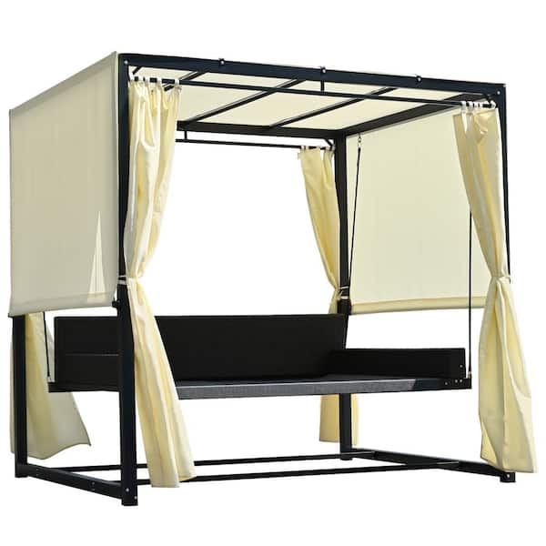Polibi Metal Frame Outdoor Patio Swing Bed with Adjustable Curtains, Beige Cushions and Pillows