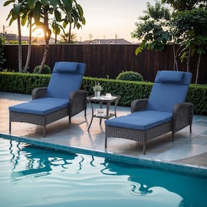 ArcoBay 3-Piece Brown Wicker Outdoor Chaise Lounge Rattan Chaise Lounge with Olefin Navy Blue Cushions and Side Table