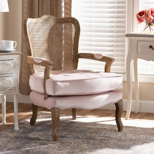 Baxton Studio Vallea 30 in. Light Pink Fabric Arm Chair with Oak Frame