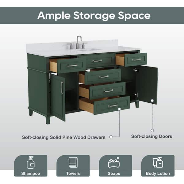 Agatha 61 in. Single Sink Freestanding Sea Green Bath Vanity with White Engineered Stone Top and Backsplash Assembled