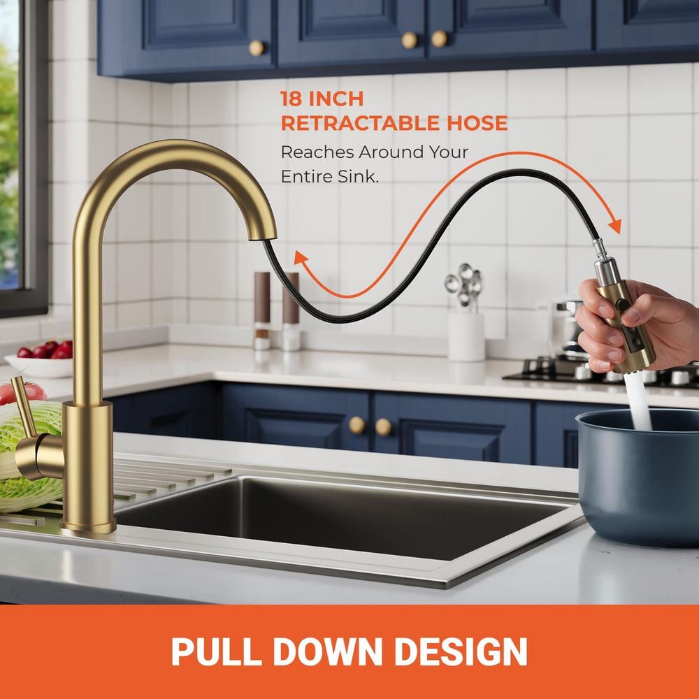 Brushed Gold Stainless Steel Pull Down Kitchen Faucet with Soap Dispenser