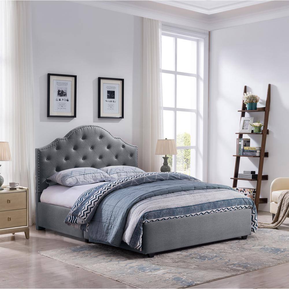 Contemporary Ash Gray Queen Platform Bed with Tufted Upholstery and Nailhead Trim