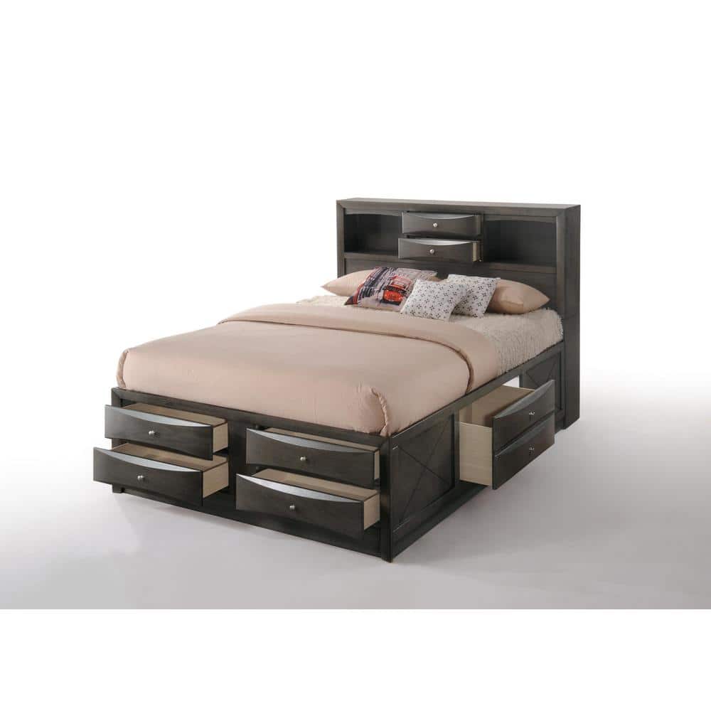 Transitional Gray Oak Queen Bed with Bookcase and Storage Drawers