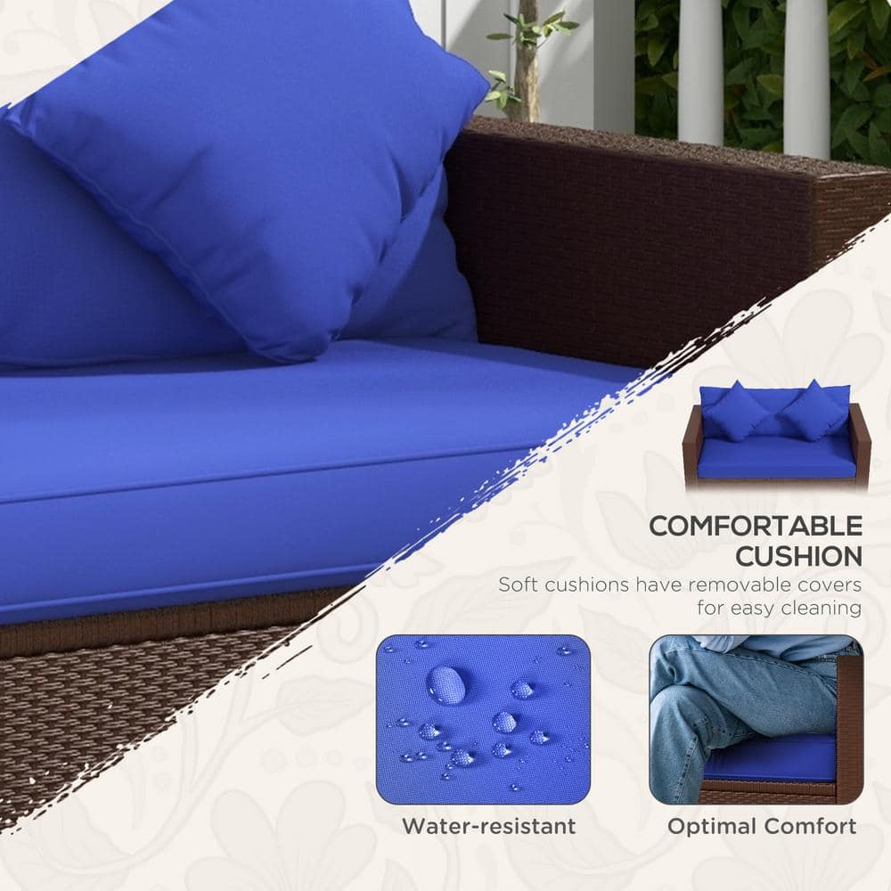 Outsunny Brown Wicker Loveseat with Dark Blue Cushions