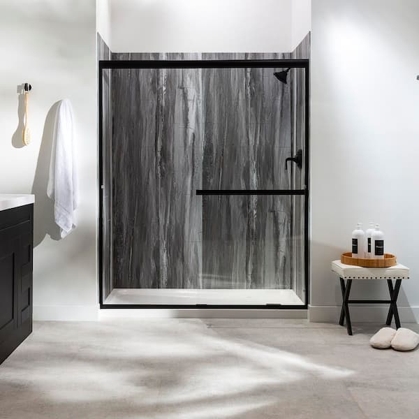 30in x 60in x 78in 4-Piece Glue-Up Alcove Shower Wall, Shelf, Trim Kit in Hermitage Granite