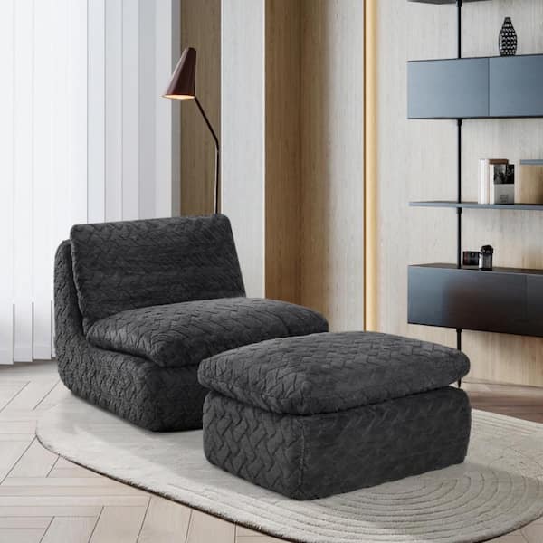 33.1 in. Pillow Top Arm Modular Fully Compressed Sofa in Black with Ottoman
