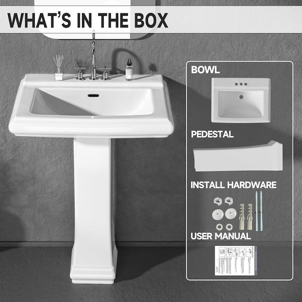 WetBase 26 in. W Rectangular Pedestal Sink in White Ceramic