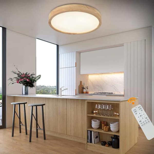 OUKANING 15.74 in. Log Color Wood Dimmable Flush Mount LED Ceiling