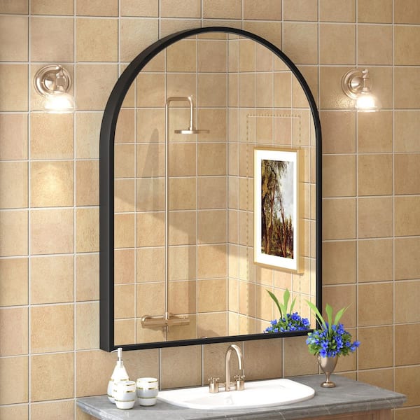 30 in. W x 40 in. H Arch Aluminum Alloy Framed and Tempered Glass Wall Decor Bathroom Vanity Mirror in Matte Black