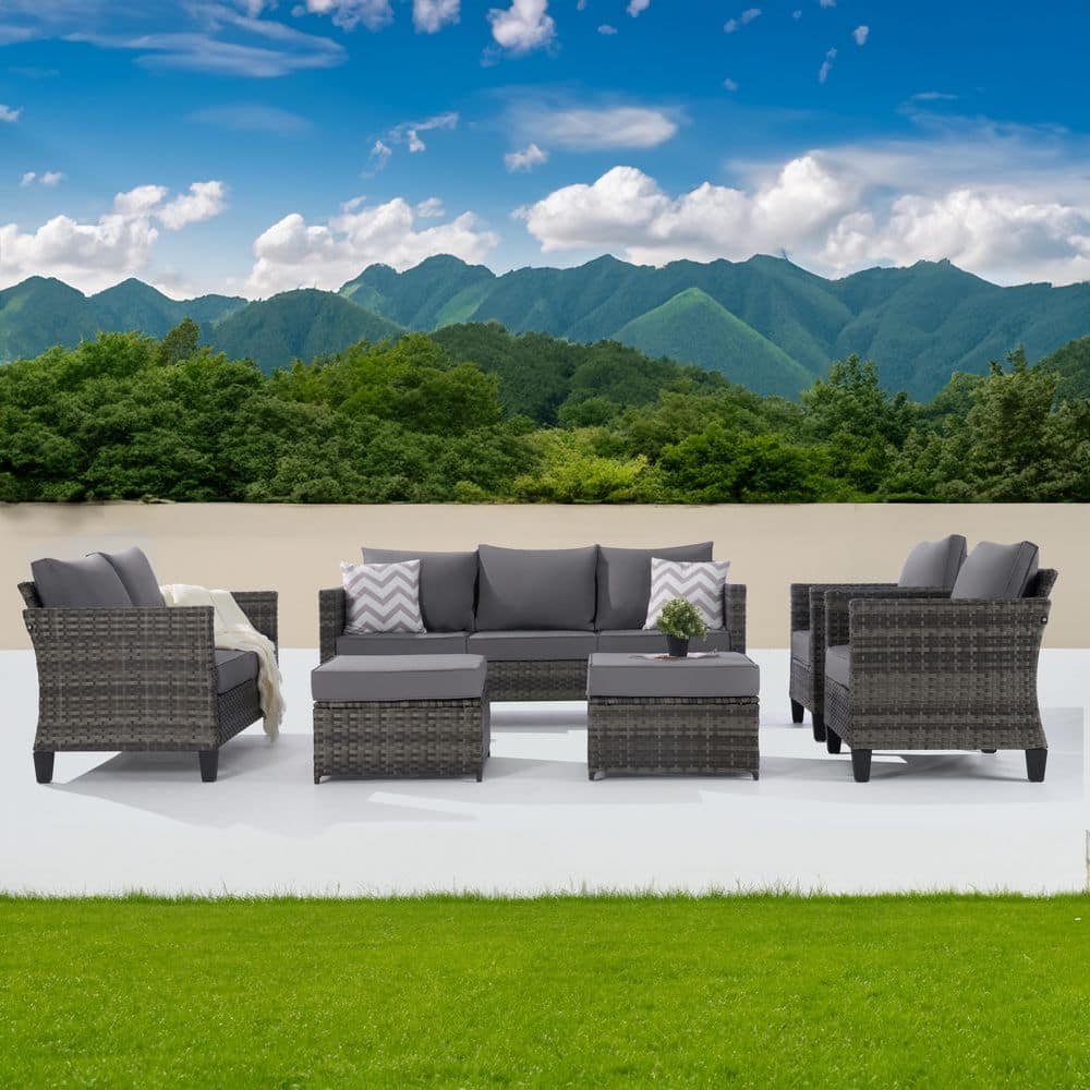 6-Piece Wicker Patio Sectional Sofa Set with Coffee Table and Ottomans, Gra