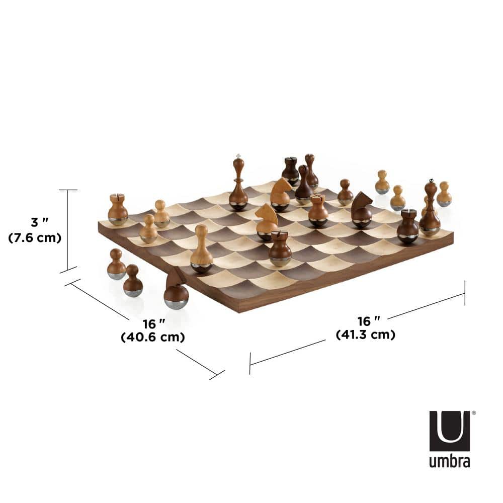 Modern Walnut and Maple Wobble Chess Set with Chrome Accents