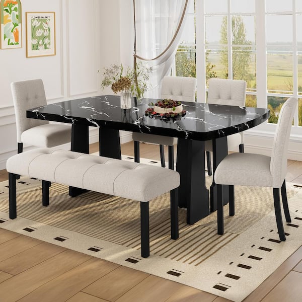 Turner Modern 6-Piece Rectangular Black and Beige Faux Marble Top Dining Set Seats 6 with Upholstered Chairs, Bench