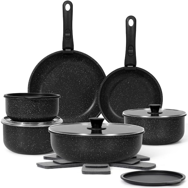 18-Piece Aluminum Pots and Pans Set Non Stick, Cookware Sets with Detachable Handle, Oven Safe, Induction Fast, Black