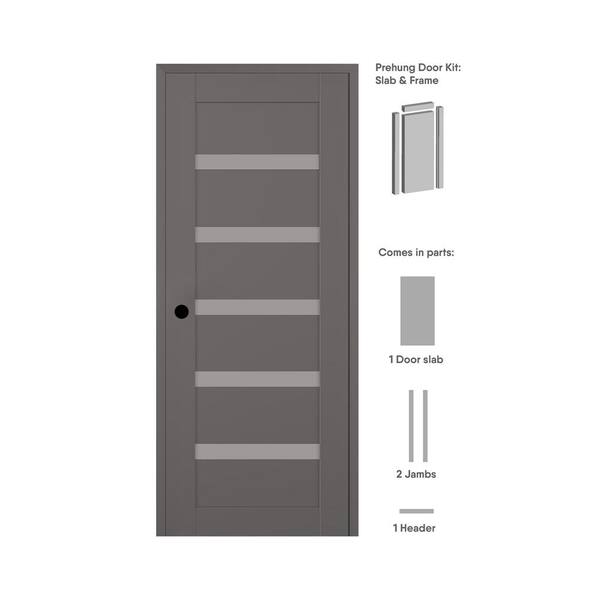 Belldinni Leora DIY-Friendly 24 in. x 84 in. Right-Hand 6-Lite Frosted Glass Gray Matte Composite Single Prehung Interior Door