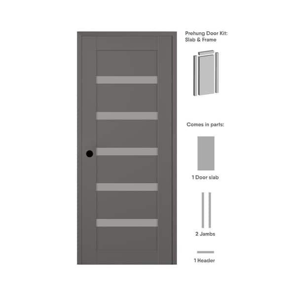 Leora DIY-Friendly 36 in. x 96 in. Right-Hand 7-Lite Frosted Glass Gray Matte Composite Single Prehung Interior Door