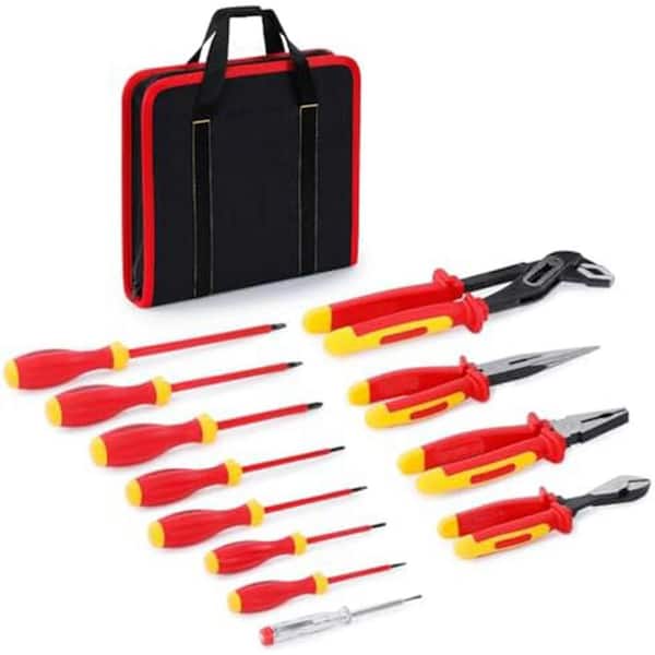 Insulated Electricians Hand Tool Set with 7 Screwdrivers 4 Pliers Voltage Tester Storage Case 12-Piece Red