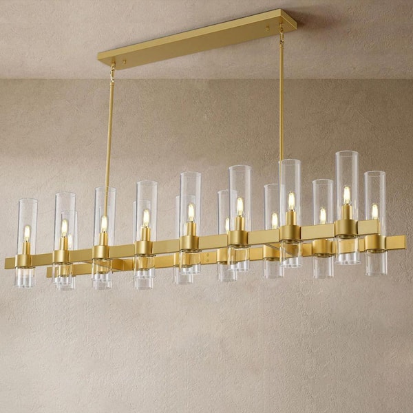 54 in. 16 Light Dimmable LED Brass Rectangular Kitchen Island Chandelier with Glass Shade, for Living Room, Bedroom