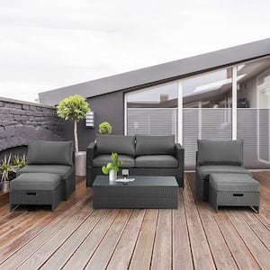 6-Piece Wicker Rattan Patio Conversation Furniture Set Sectional Sofa Set with Gray Cushions