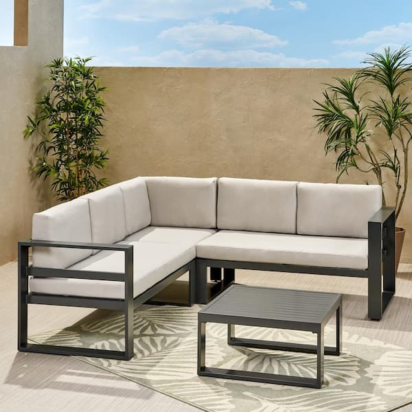 Noble House Dursley Grey 4-Piece Aluminum Outdoor Patio Conversation Sectional Seating Set with Beige Cushions