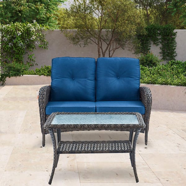 PlainCurve 2-Piece Brown Wicker Outdoor Loveseat and Coffee Table Set with Navy Blue Cushions