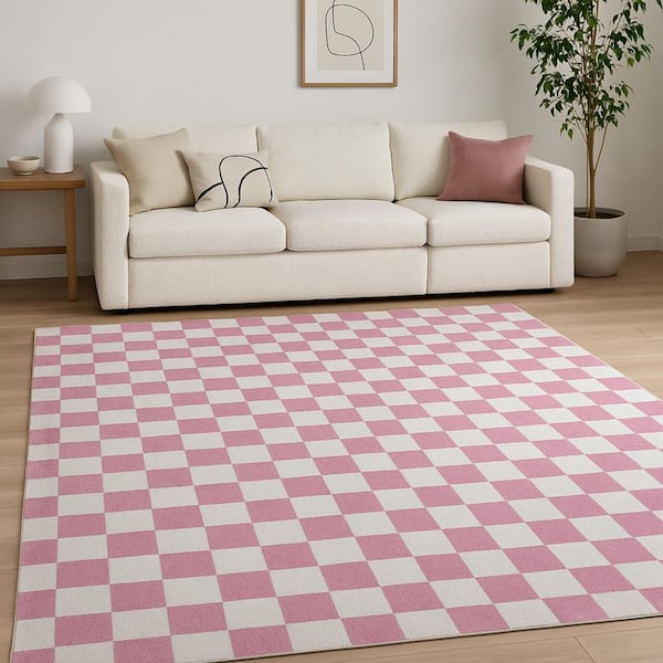 7 ft. x 10 ft. Pink And Off White Checkered Area Rug