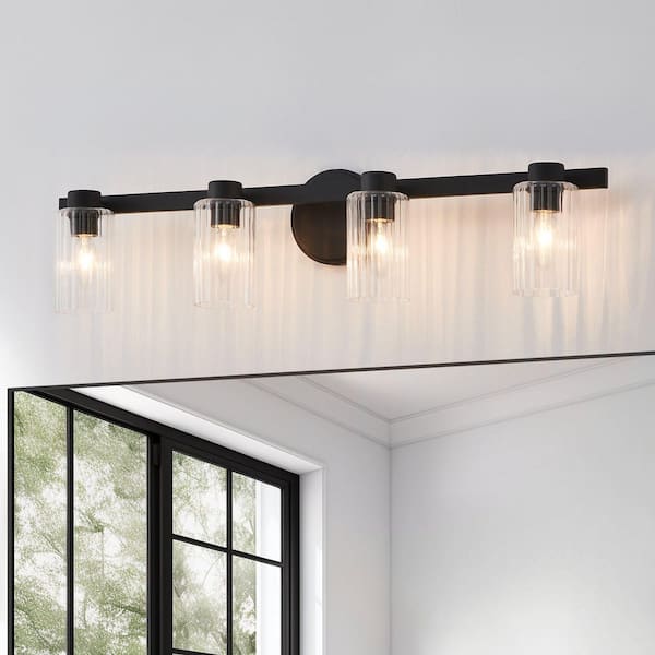 Bedminster 30-in. 4-light Matte Black Vanity Light with Clear Ribbed Glass Shades